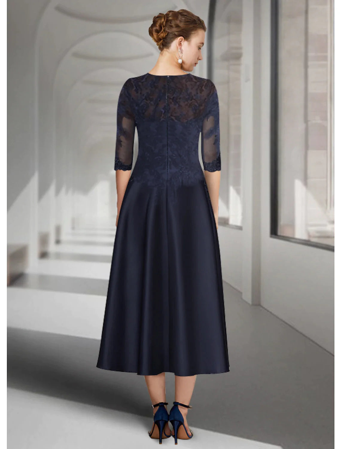 Wholesale A-Line Mother of the Bride Dress Wedding Guest Elegant Jewel Neck Tea Length Satin Lace 3/4 Length Sleeve with Pleats Appliques